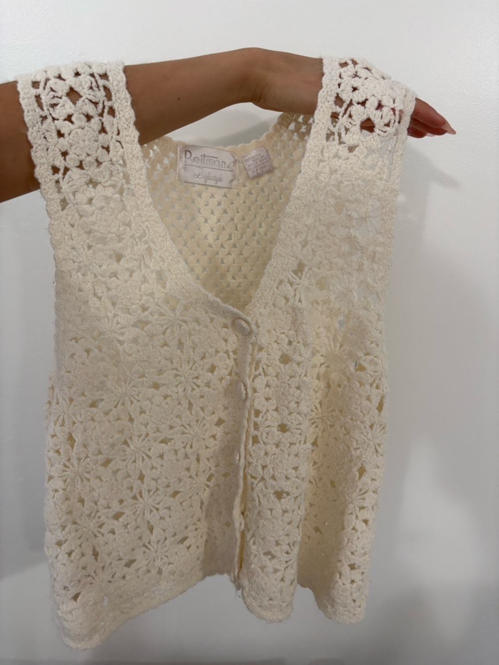 Vintage Cream Floral Crochet Button Vest